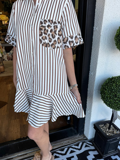 Women's Striped Animal Print Contrast Button Down Dress (Buy 2 Free Shipping)