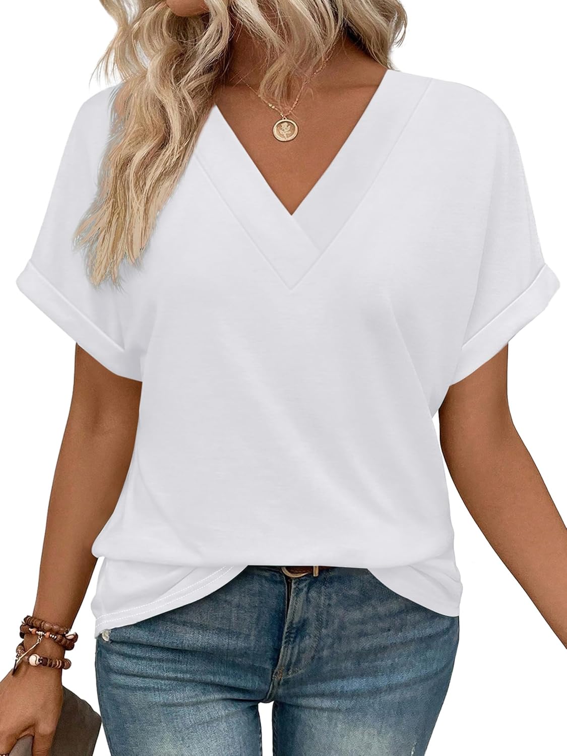Women's Summer V Neck Short Sleeve Basic T Shirt (Buy 3 Free Shipping)