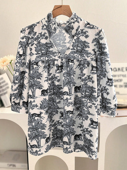 Women's V-neck Ruffle Collar Printed Shirts (Buy 2 Free Shipping)