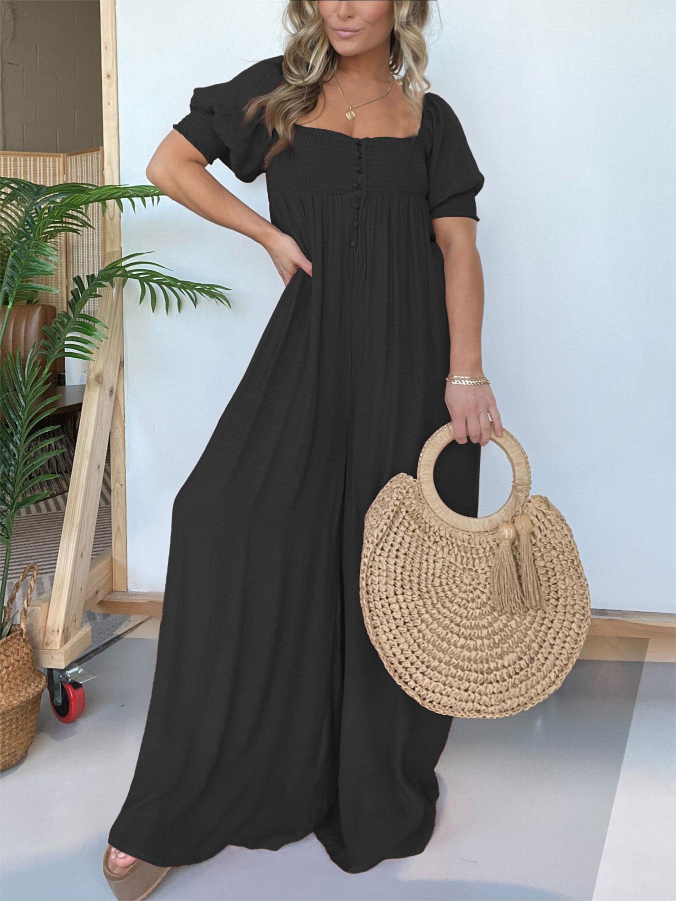 Women's Square Neckline Jumpsuit with Smocked Bodice Button (Buy 2 Free Shipping)