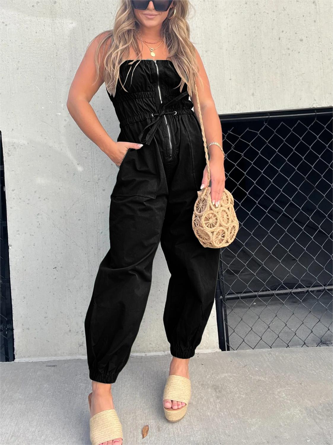 Ruched Elastic Front Zipper Cargo Jumpsuit (Buy 2 Free Shipping)