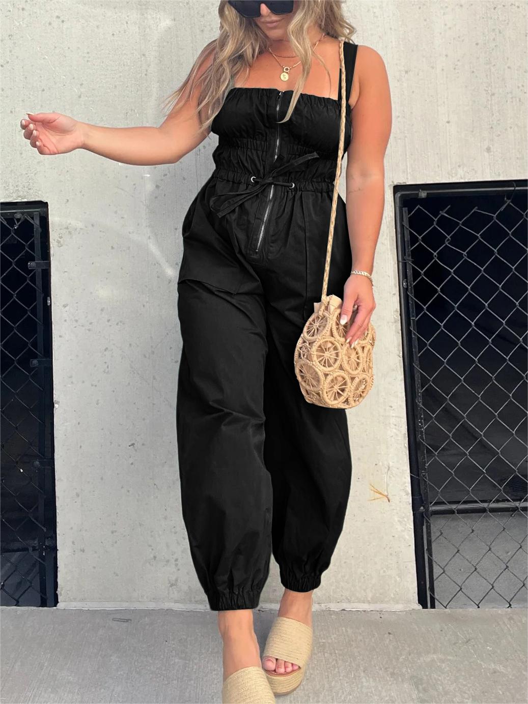 Ruched Elastic Front Zipper Cargo Jumpsuit (Buy 2 Free Shipping)