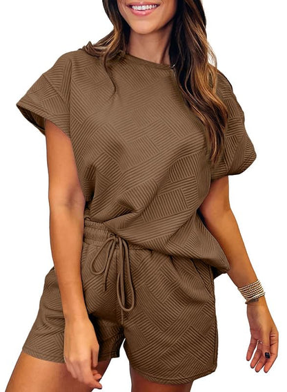 Women's Solid Textured Drawstring Shorts Set (Buy 2 Free Shipping)