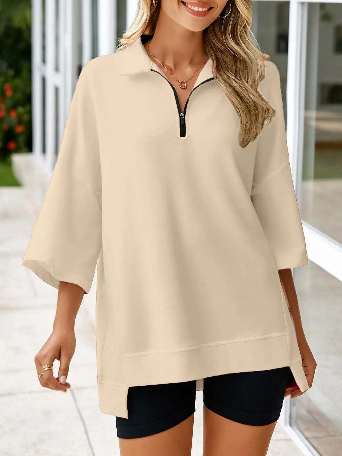 Women's Oversized 3/4 Sleeve Zipper Pullover (Buy 2 Free Shipping)