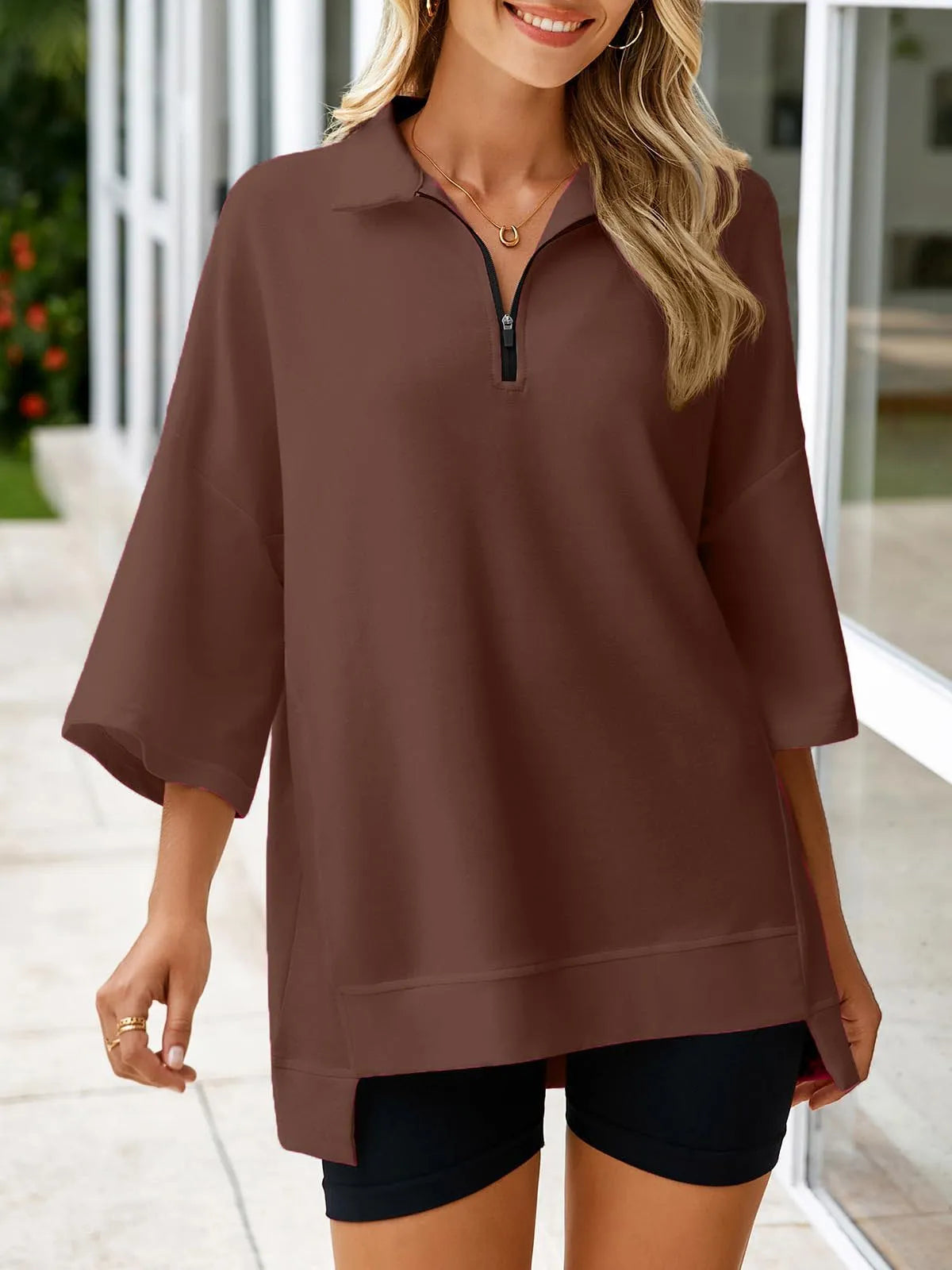 Women's Oversized 3/4 Sleeve Zipper Pullover (Buy 2 Free Shipping)