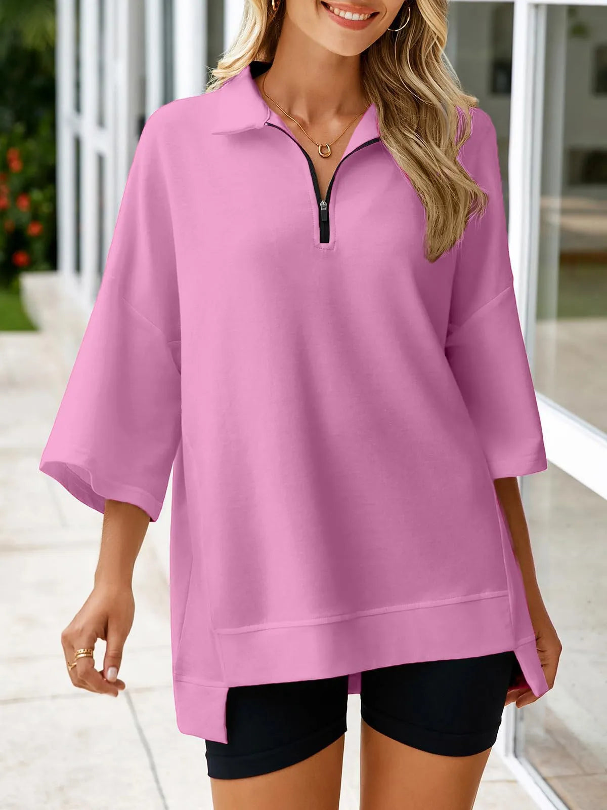 Women's Oversized 3/4 Sleeve Zipper Pullover (Buy 2 Free Shipping)
