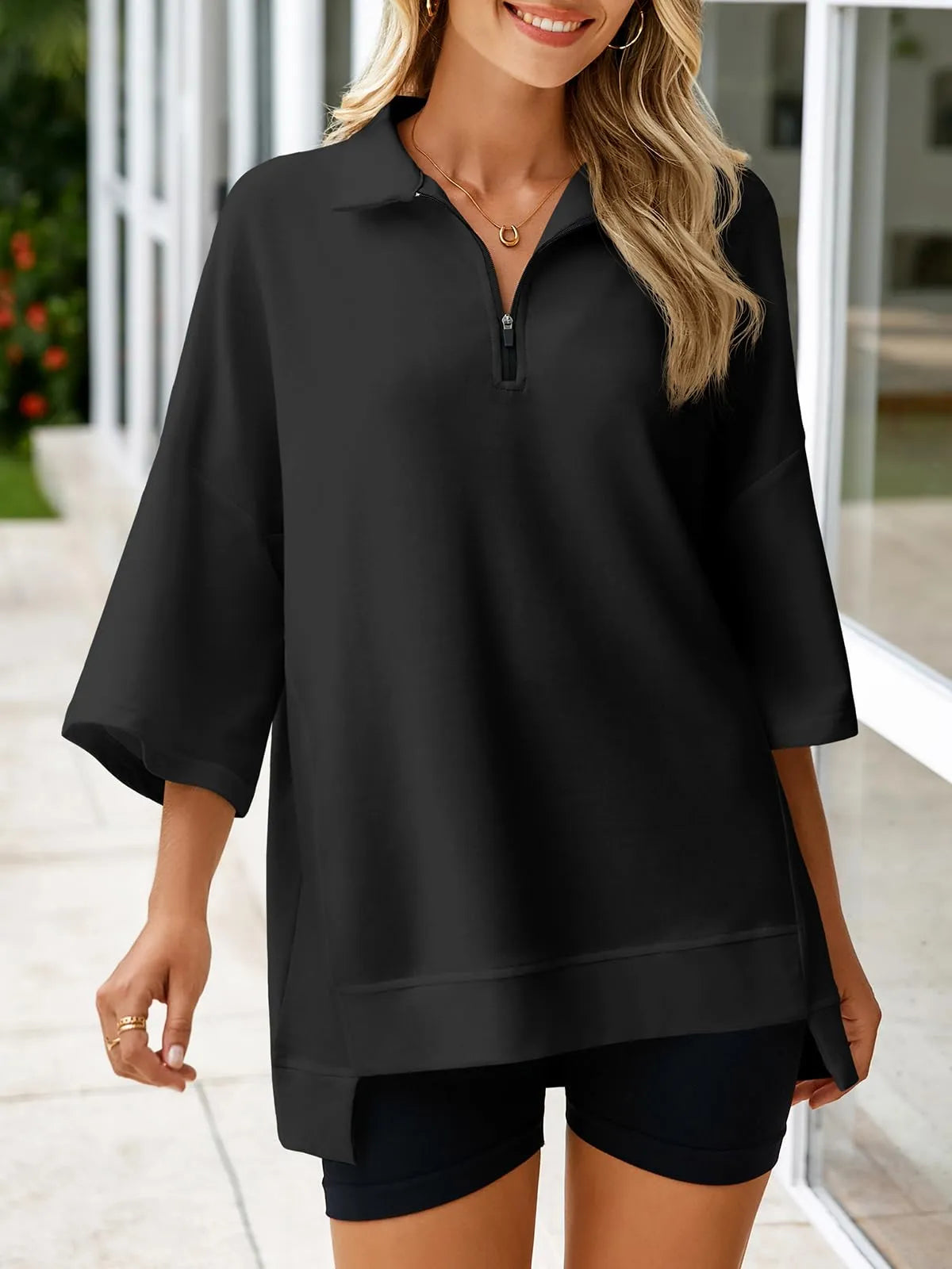 Women's Oversized 3/4 Sleeve Zipper Pullover (Buy 2 Free Shipping)