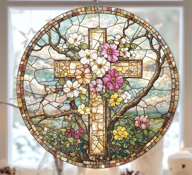 ✝️🌸 Stained Glass Cross Sun Catcher – Floral Circle Hanging Ornament, Spiritual Home Decor ✨