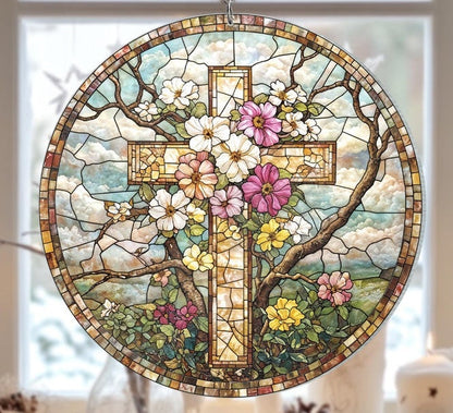 ✝️🌸 Stained Glass Cross Sun Catcher – Floral Circle Hanging Ornament, Spiritual Home Decor ✨