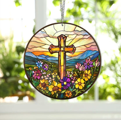✝️🌸 Stained Glass Cross Sun Catcher – Floral Circle Hanging Ornament, Spiritual Home Decor ✨