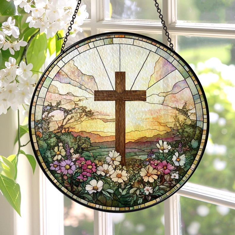 ✝️🌸 Stained Glass Cross Sun Catcher – Floral Circle Hanging Ornament, Spiritual Home Decor ✨