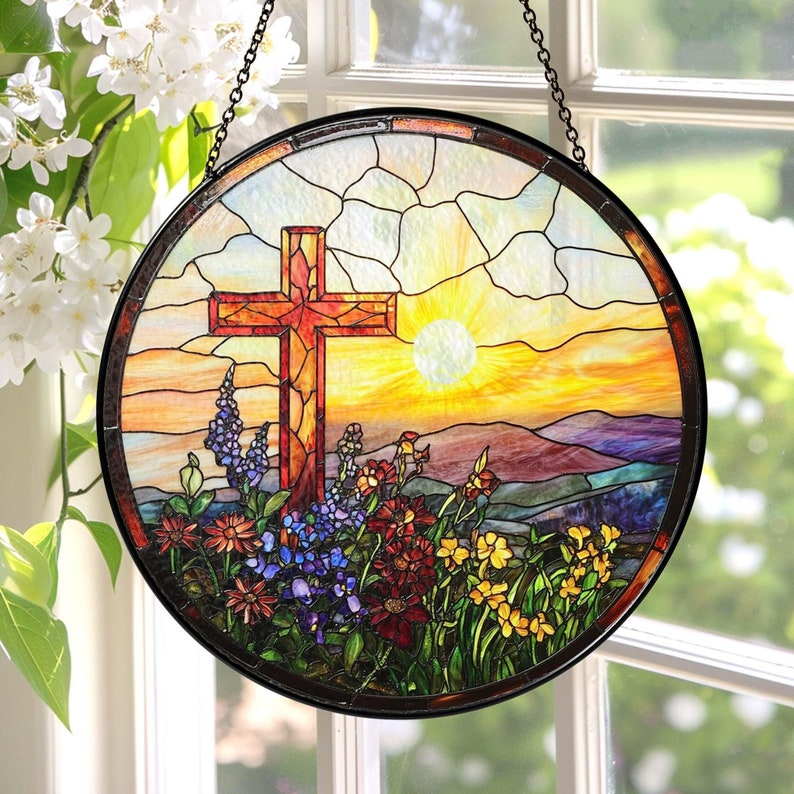✝️🌸 Stained Glass Cross Sun Catcher – Floral Circle Hanging Ornament, Spiritual Home Decor ✨