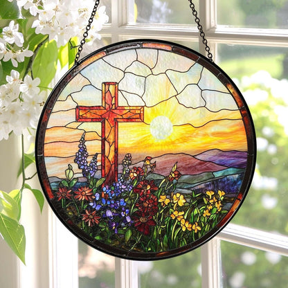 ✝️🌸 Stained Glass Cross Sun Catcher – Floral Circle Hanging Ornament, Spiritual Home Decor ✨
