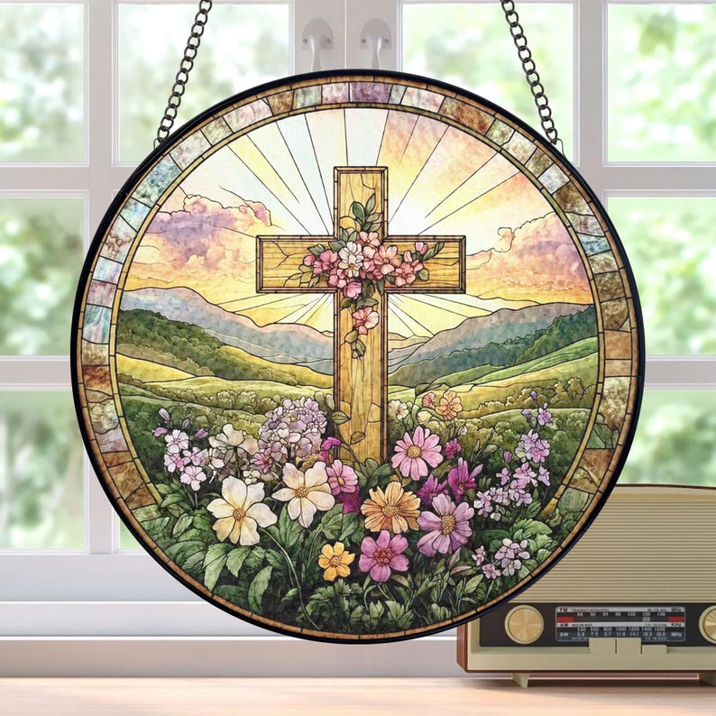 ✝️🌸 Stained Glass Cross Sun Catcher – Floral Circle Hanging Ornament, Spiritual Home Decor ✨