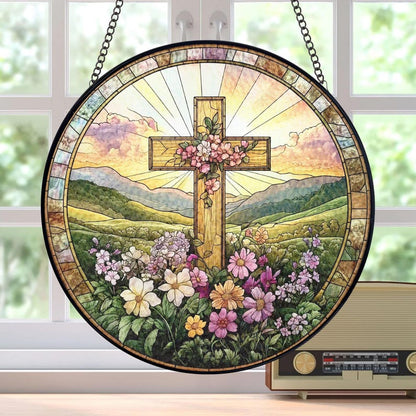 ✝️🌸 Stained Glass Cross Sun Catcher – Floral Circle Hanging Ornament, Spiritual Home Decor ✨