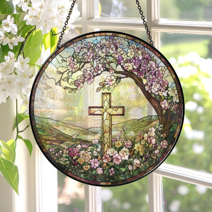 ✝️🌸 Stained Glass Cross Sun Catcher – Floral Circle Hanging Ornament, Spiritual Home Decor ✨