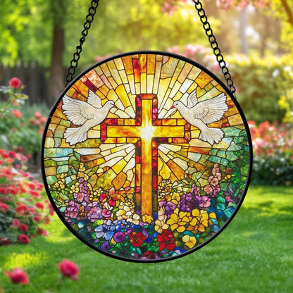 ✝️🌸 Stained Glass Cross Sun Catcher – Floral Circle Hanging Ornament, Spiritual Home Decor ✨