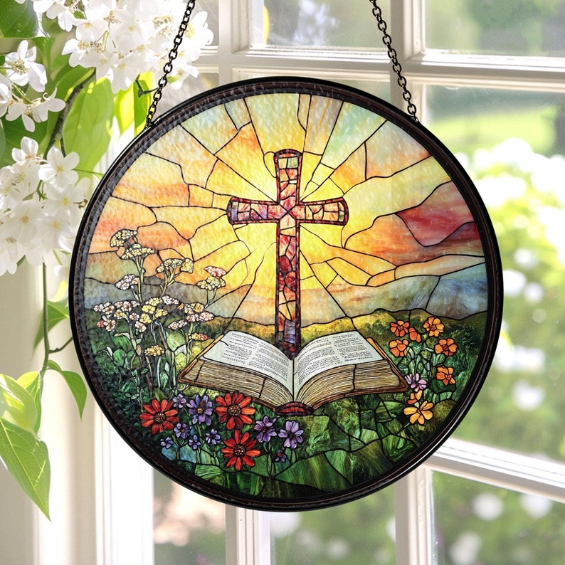 ✝️🌸 Stained Glass Cross Sun Catcher – Floral Circle Hanging Ornament, Spiritual Home Decor ✨