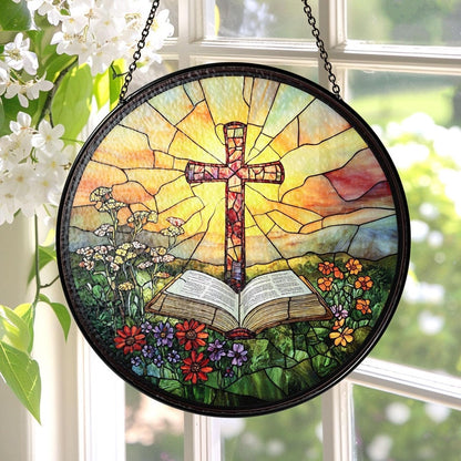 ✝️🌸 Stained Glass Cross Sun Catcher – Floral Circle Hanging Ornament, Spiritual Home Decor ✨