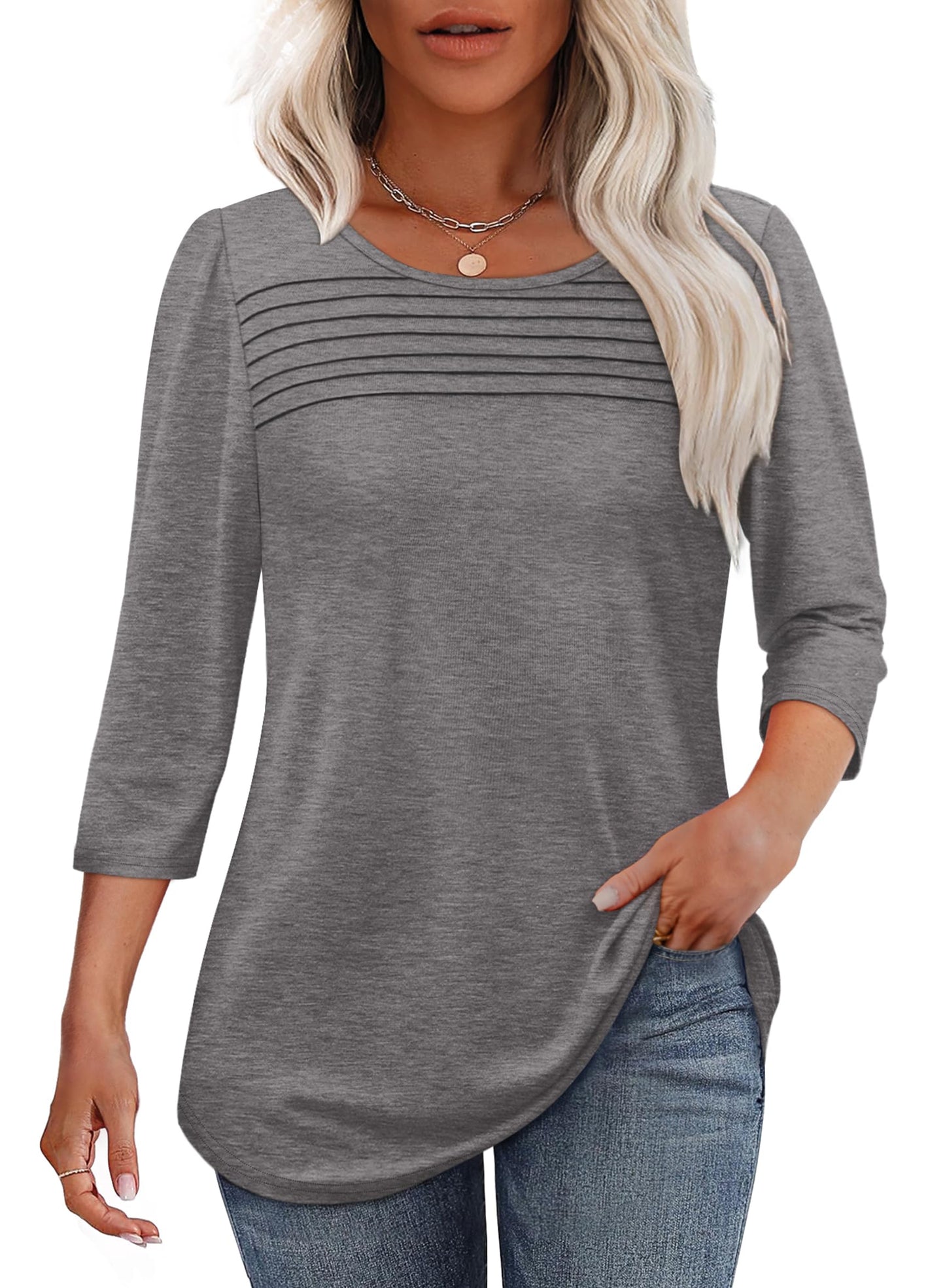 Women's 3/4 Length Sleeve Top Pleated Front T-Shirt (Buy 3 Free Shipping)