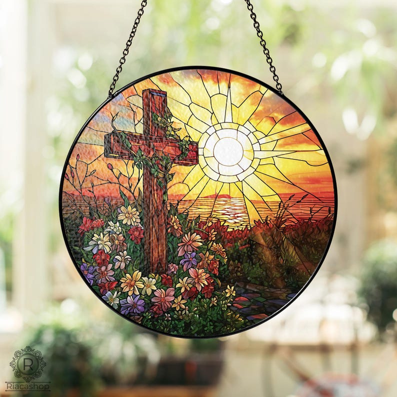 ✝️🌸 Stained Glass Cross Sun Catcher – Floral Circle Hanging Ornament, Spiritual Home Decor ✨