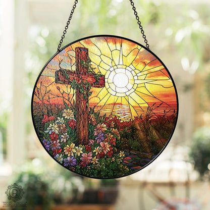✝️🌸 Stained Glass Cross Sun Catcher – Floral Circle Hanging Ornament, Spiritual Home Decor ✨