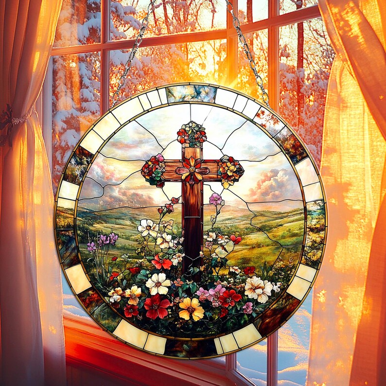 ✝️🌸 Stained Glass Cross Sun Catcher – Floral Circle Hanging Ornament, Spiritual Home Decor ✨