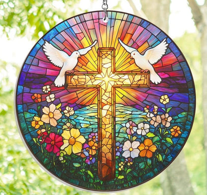 ✝️🌸 Stained Glass Cross Sun Catcher – Floral Circle Hanging Ornament, Spiritual Home Decor ✨