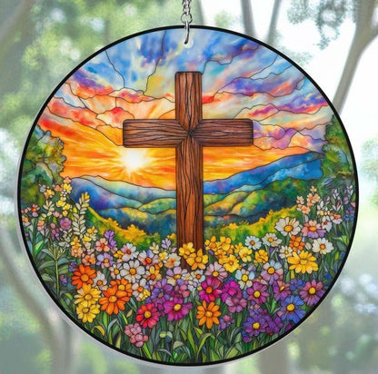 ✝️🌸 Stained Glass Cross Sun Catcher – Floral Circle Hanging Ornament, Spiritual Home Decor ✨