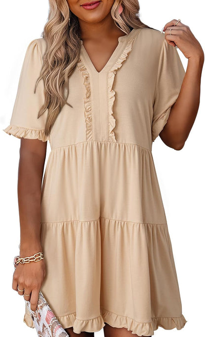 Women's V Neck Short Sleeve Casual A Line Flowy Swing Dress (Buy 2 Free Shipping)