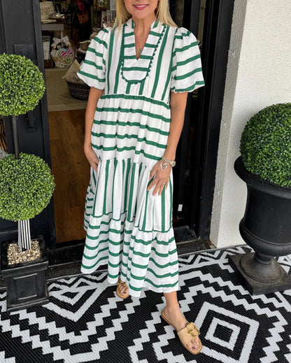 Women's Short Bubble Sleeve Striped Dress With Pockets (Buy 2 Free Shipping)