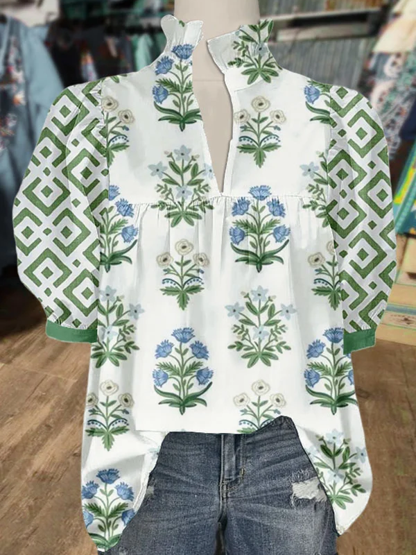 Women's V Neck Puff Sleeve Floral Print Blouse (Buy 2 Free Shipping)
