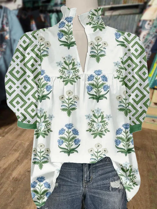 Women's V Neck Puff Sleeve Floral Print Blouse (Buy 2 Free Shipping)