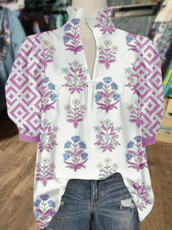 Women's V Neck Puff Sleeve Floral Print Blouse (Buy 2 Free Shipping)