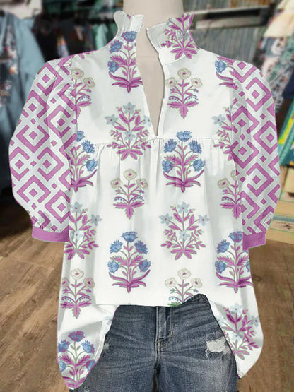Women's V Neck Puff Sleeve Floral Print Blouse (Buy 2 Free Shipping)