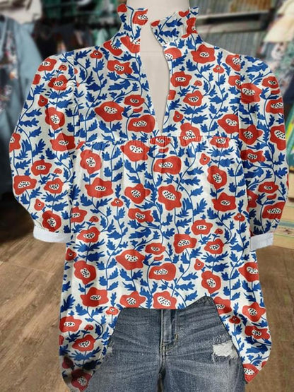 Women's V Neck Puff Sleeve Floral Print Blouse (Buy 2 Free Shipping)