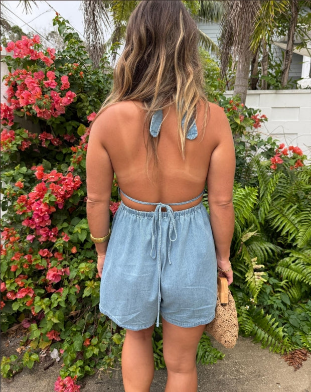 Women's Adjustable Back Tie Halter Denim Romper (Buy 2 Free Shipping)