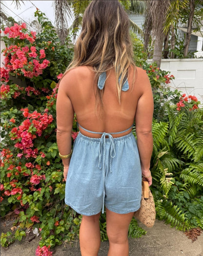 Women's Adjustable Back Tie Halter Denim Romper (Buy 2 Free Shipping)