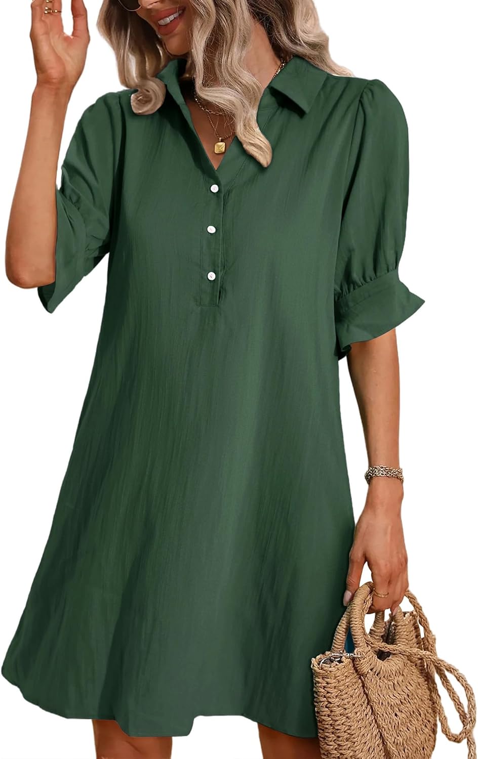 Women's Solid Ruffle Sleeve Button Down Shirt Dress (Buy 2 Free Shipping)