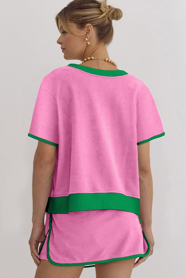 Women's Colorblock Edge Drop Shoulder T-Shirt Skort 2Pcs Set (Buy 2 Free Shipping)