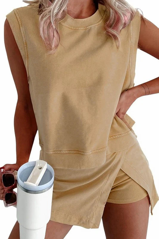 Women's Mineral Wash Tank Top and Slit Skort Set (Buy 2 Free Shipping)