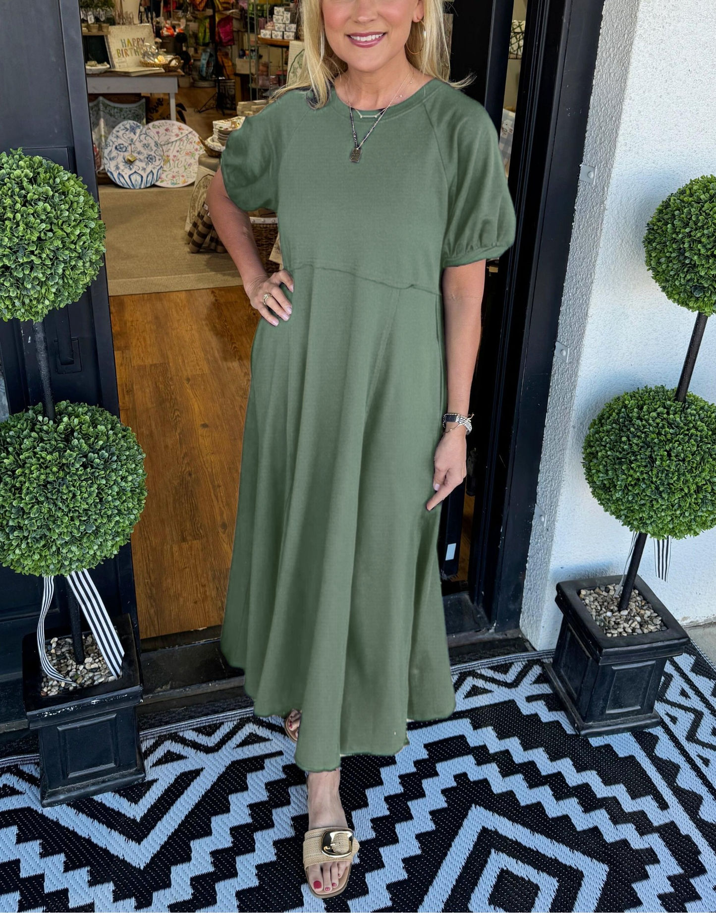 Women's Solid Puff Sleeve Long Dress With Pockets (Buy 2 Free Shipping)
