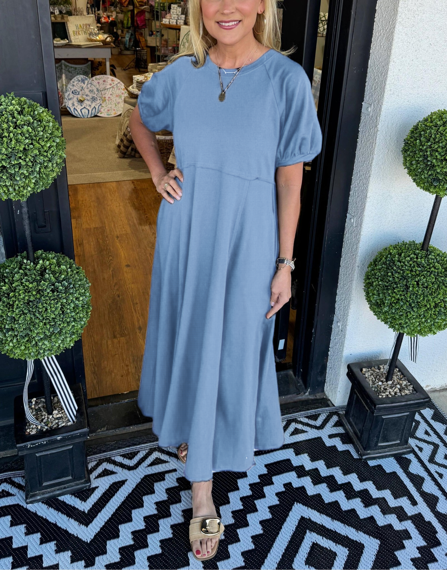 Women's Solid Puff Sleeve Long Dress With Pockets (Buy 2 Free Shipping)