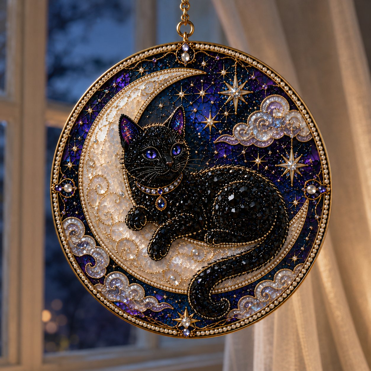 Premium 3D Pearl Celestial Black Cat Window Hanging Kit | DIY Handmade Moonlight Suncatcher Decor