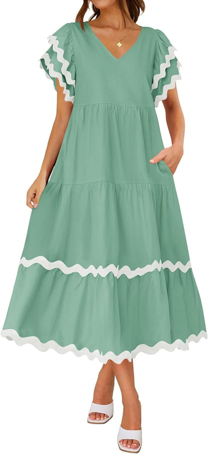 Women's V Neck Flutter Short Sleeve Tiered Long Dress (Buy 2 Free Shipping)