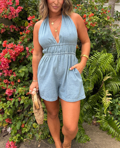 Women's Adjustable Back Tie Halter Denim Romper (Buy 2 Free Shipping)