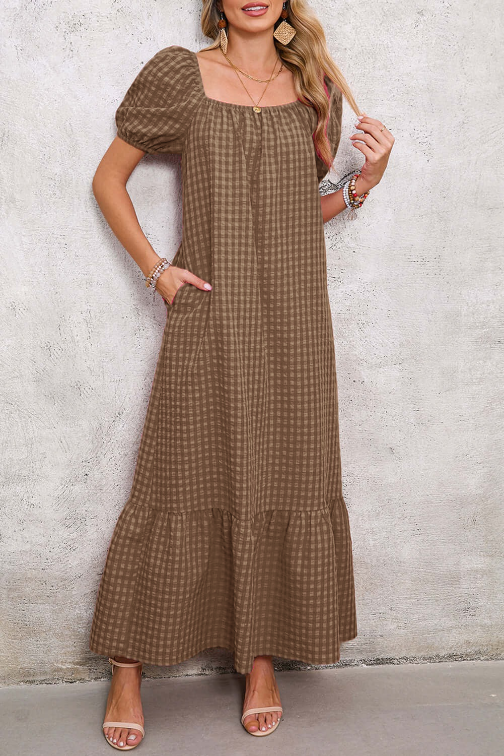 Women's Square Neck Puff Sleeve Plaid Maxi Dress (Buy 2 Free Shipping)