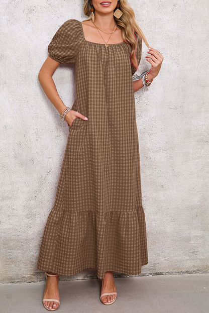 Women's Square Neck Puff Sleeve Plaid Maxi Dress (Buy 2 Free Shipping)