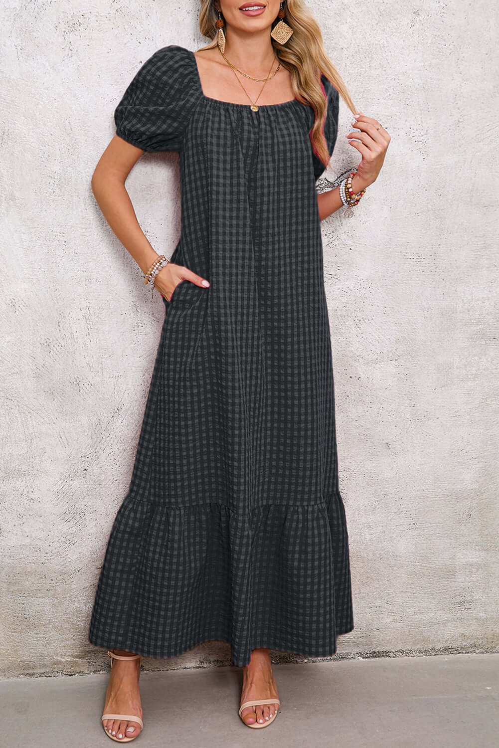 Women's Square Neck Puff Sleeve Plaid Maxi Dress (Buy 2 Free Shipping)