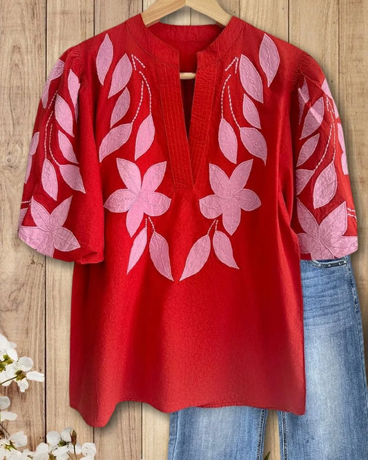 Women's V Neck Puff Sleeve Floral Embroidery  T-Shirt (Buy 2 Free Shipping)
